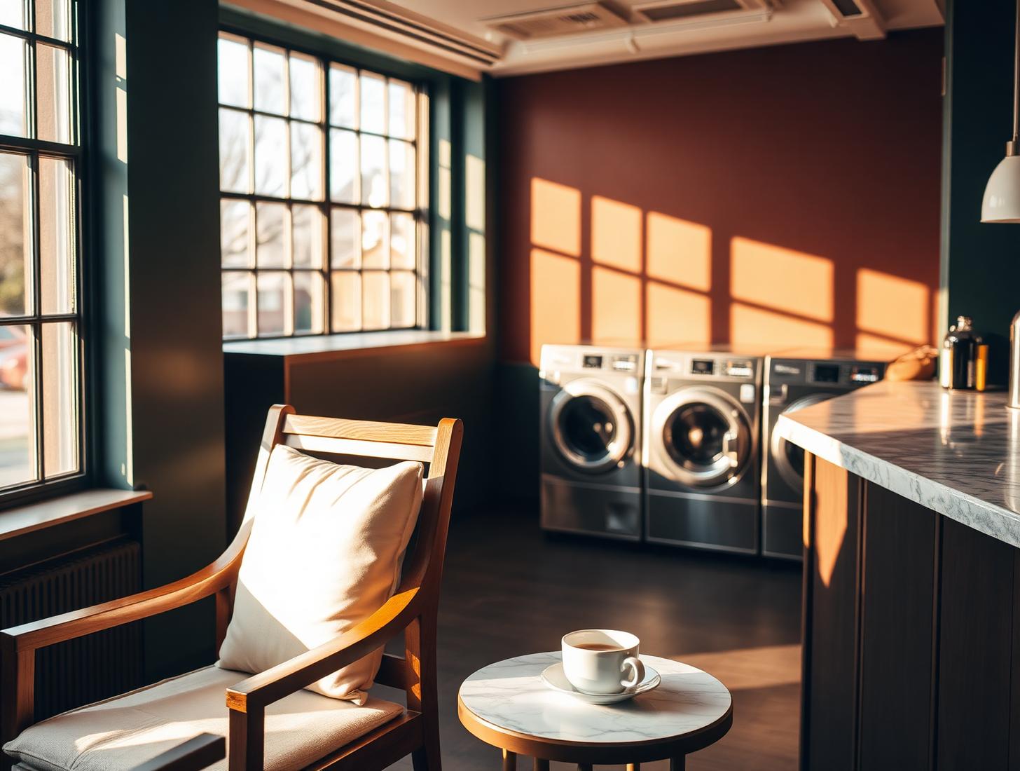 A warm, lifestyle interior of Laundry Lounge Co with comfortable seating, soft window light and modern machines in the background